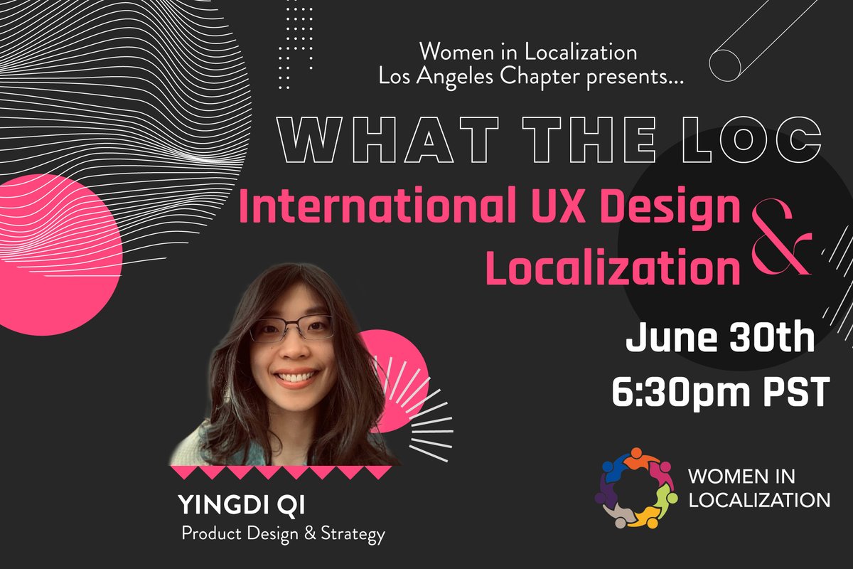 Only a few days left to the third episode of our WHAT THE LOC series! 🎉

We are pleased to present one of our panelists for this episode: Yingdi Qi who is currently the Senior Solution Consultant &amp; Portfolio Lead at Google. 
 
eventbrite.com/e/wlla-what-th…

#womeninlocalization