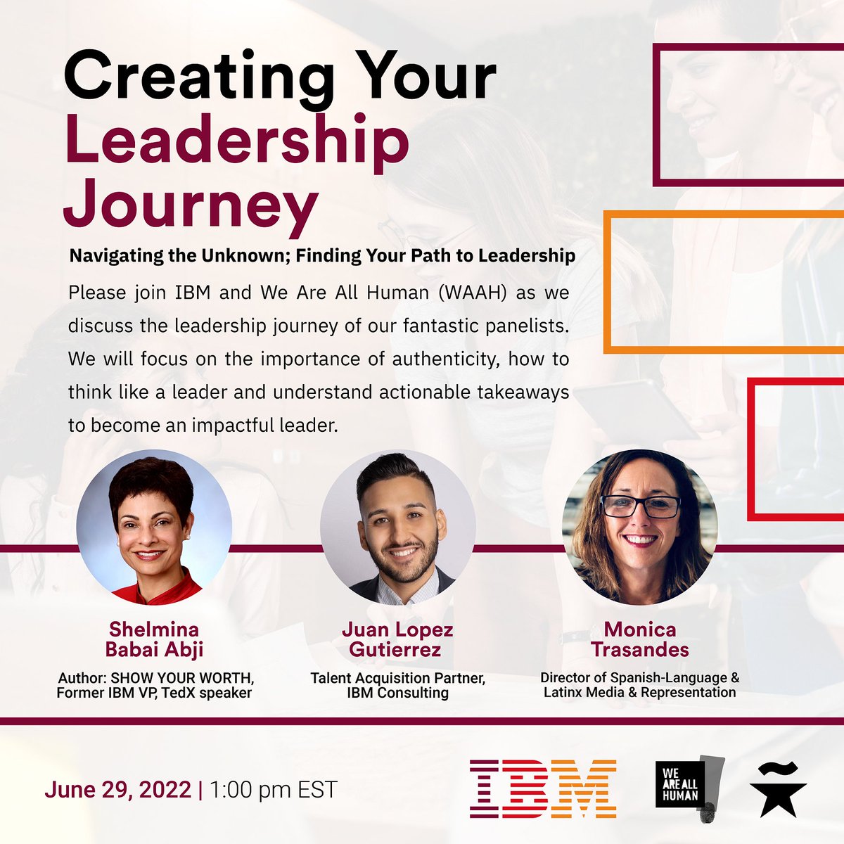 TheHispanicStar's tweet photo. Latinos of Impact Webinar Series Presents: "Creating Your Leadership Journey" with @IBM . Join us for our final webinar next Wednesday, June 29, for a fireside chat on how to become an impactful leader with @ShelminaAbji, Juan López and Mónica Trasandes https://t.co/rfG6QPv10r https://t.co/nZmsE7GR1o