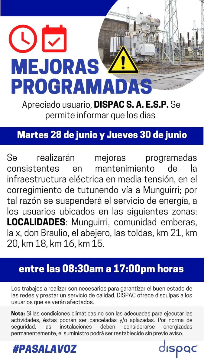 Manduqueromenor's tweet photo. Desde mañana Dispac Comunica que continúan los trabajos de mejora en la red eléctrica departamental,asi:  
#DiSPaC 
#PasaLaVoz 
#dispacsocialmenteresponsable https://t.co/ACLlzjJaRJ