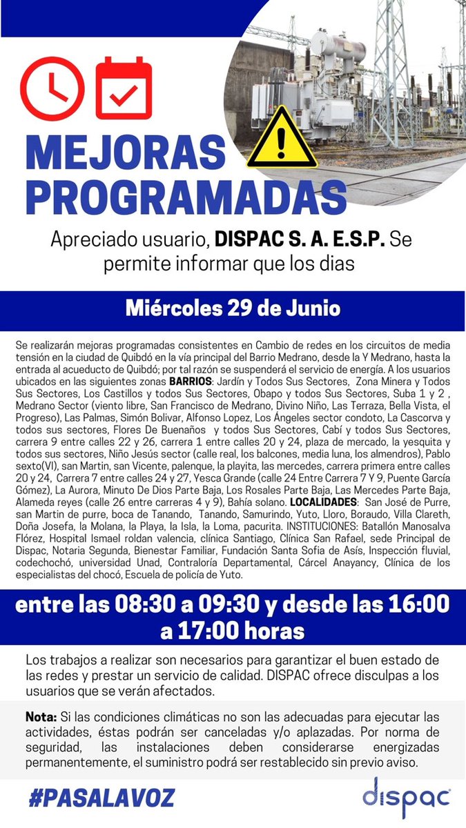 Manduqueromenor's tweet photo. Desde mañana Dispac Comunica que continúan los trabajos de mejora en la red eléctrica departamental,asi:  
#DiSPaC 
#PasaLaVoz 
#dispacsocialmenteresponsable https://t.co/ACLlzjJaRJ