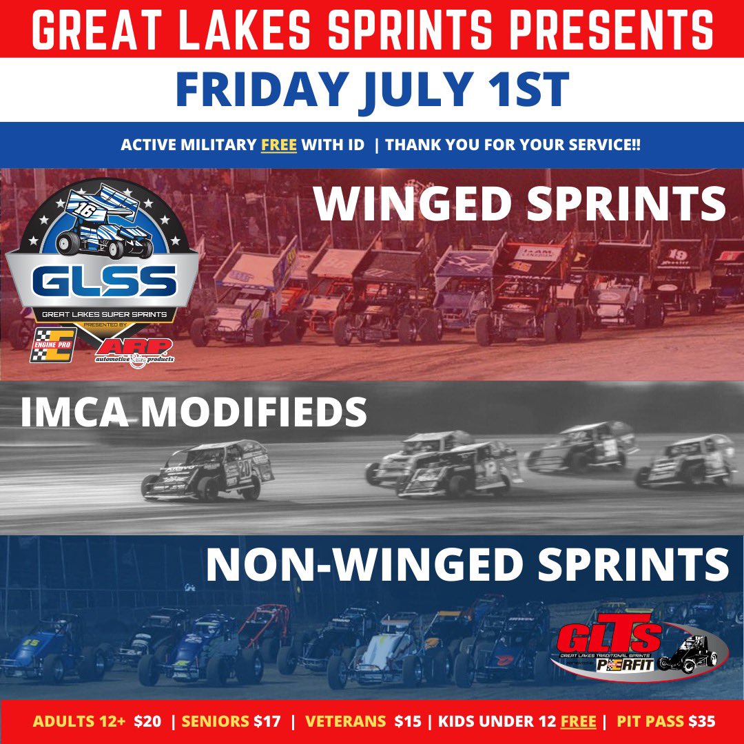 GLSprints's tweet photo. GLSS $2,000 to win, GLTS $1,500 to win and IMCA Mods $800 to win this Friday @i96speedway   Presented by @GLSprints Don’t miss this special event @raceimca https://t.co/Z2dXAVXN6N