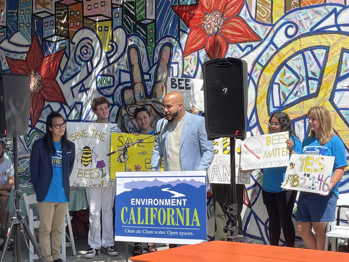 VuJonah's tweet photo. huge thanks to @sydneykamlager and @ib2_real for speaking at the Mar Vista Farmers Market to show their support for @EnvCalifornia in banning neonic pesticides! #YesOnAB2146 #CALeg https://t.co/2QaZ6LZJWN