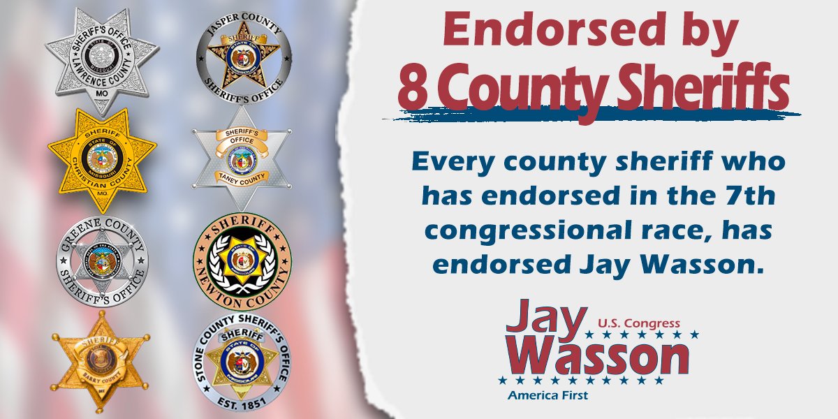 jaywasson's tweet photo. I'm honored to be endorsed by every single sheriff who has decided to endorse in my race. A big thank you to my friends who feel that I’m the best choice to keep our families safe, and know that I will always Back the Blue. https://t.co/UKPtR9EeCC