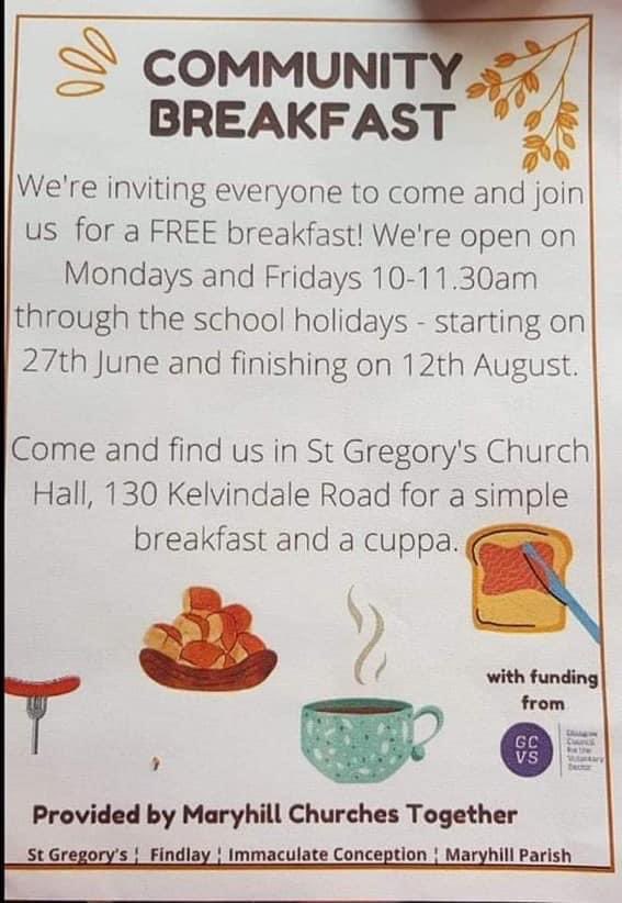 Miss_NMackin's tweet photo. FREE breakfast throughout the summer! @stmarysmaryhill @StBlanesGCC @StCharlesGla @PrimaryParkview @Caldercuilt @CadderPrimary #maryhillchurchestogether https://t.co/dv26K3yN1z