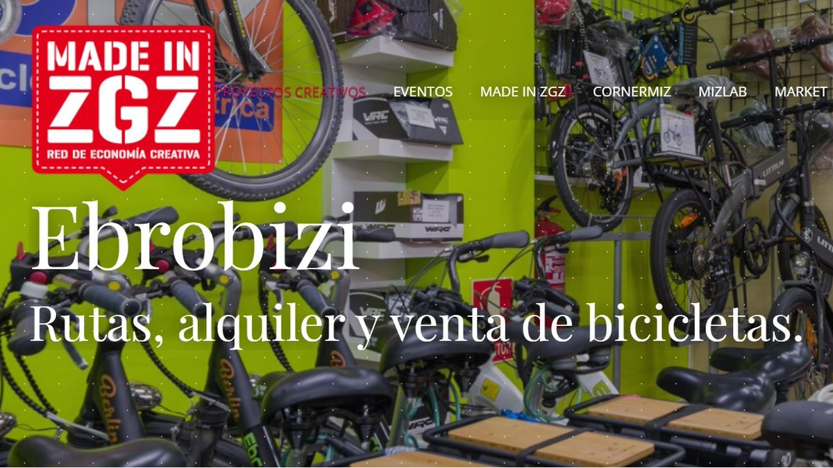 Desde esta semana, Ebrobizi pasa a formar parte de Made in Zaragoza, espacios innovadores que escapan de lo cotidiano en nuestra ciudad.
En Ebrobizi, ofrecemos servicios de movilidad en bicicleta a través del alquiler, rutas y venta de este medio de transporte limpio y sostenible
