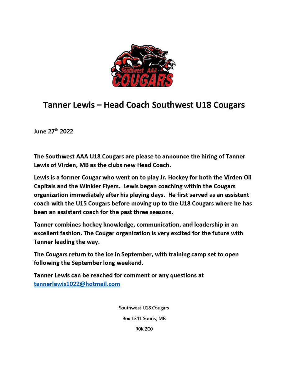 The Southwest AAA U18 Cougars are pleased to announce Tanner Lewis as our new Head Coach!