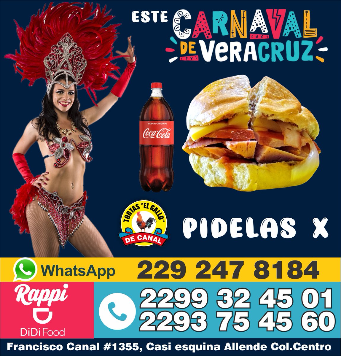 guiaconurbada's tweet photo. EN TORTAS EL GALLO DE CANAL nos estamos preparando para este Carnaval 2022.
Puedes pedirlas por Rappi, Didi Food, ó a los tel📱2299 32 45 01, 2293754560, !! no te quedes si probarlas !!.
✅LA CUBANA
✅LA DE PIERNA
✅LA DE JAMÓN ENVINADO
✅LA COMBINADA.
✅LA DE QUESO
✅LA DE POLLO https://t.co/1ZEUNd2ID4