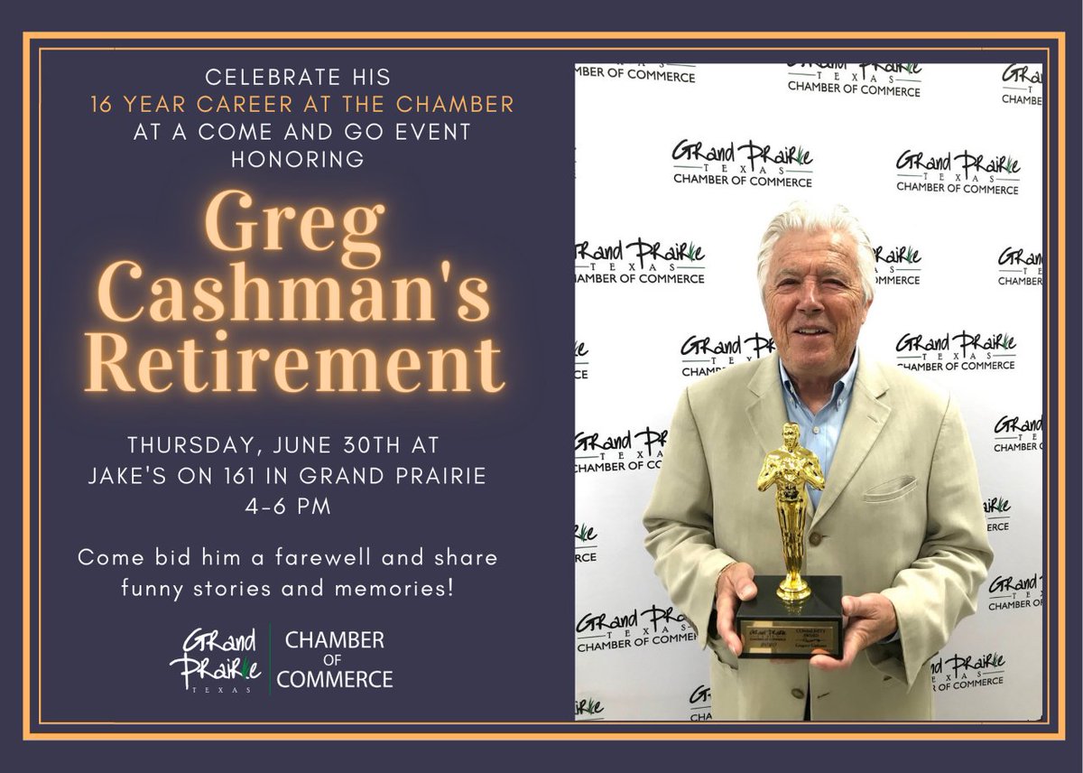 Join us this Thursday for Greg Cashman's Retirement party at Jake's Burger's on 161 from 4-6PM. Share your stories, funny moments, and good memories from the last 15 years that he has been with us!