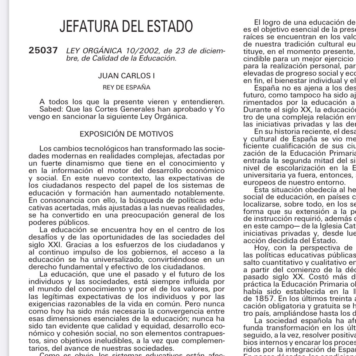 JoseRMolinaGonz's tweet image. 📃 El art. 37 de la Ley Orgánica 10/2002, de 23 de diciembre de Calidad de Educación #LOCE propone una prueba general de Bachillerato para la obtención del titulo de Bachiller. Poco que ver con la LOMLOE 👇 @miriamrabaneda @marbandefrutos @eossoriocrespo @IdiazAyuso