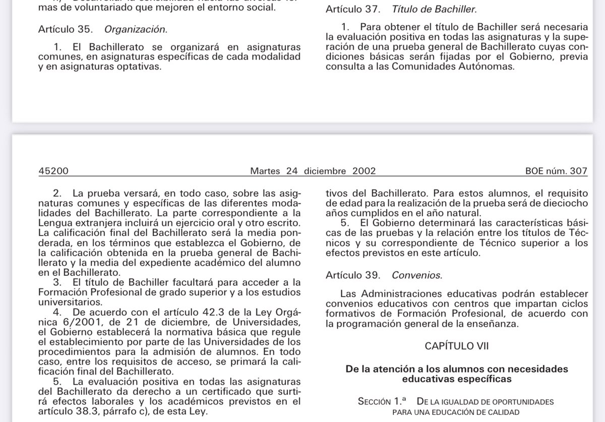 JoseRMolinaGonz's tweet image. 📃 El art. 37 de la Ley Orgánica 10/2002, de 23 de diciembre de Calidad de Educación #LOCE propone una prueba general de Bachillerato para la obtención del titulo de Bachiller. Poco que ver con la LOMLOE 👇 @miriamrabaneda @marbandefrutos @eossoriocrespo @IdiazAyuso