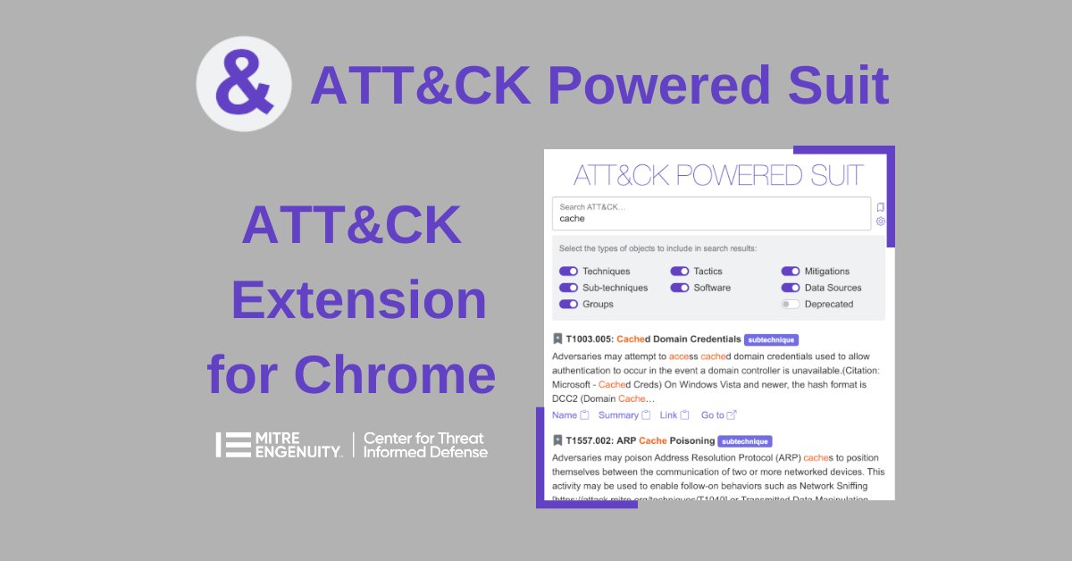 Check out the new ATT&amp;CK Powered Suit Chrome extension! It lets you instantly search <a href="/MITREattack/">ATT&CK</a> techniques, groups, and more, without disrupting workflows. Thanks to the Center for Threat-Informed Defense &amp; <a href="/fujitsu/">fujitsu</a>: hubs.ly/Q01fJ1HD0