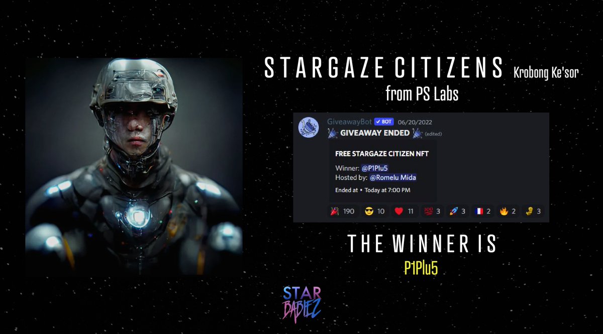 StarBabiez's tweet image. Congraturations @P1Plu5 for winning the Stargaze Citizens by @PS_Labs ! Another #Giveaway  is done!
Stay tuned, lots of other giveaways are coming! 

#Stargazers #stargaze #NFTCommunity #IBCGang