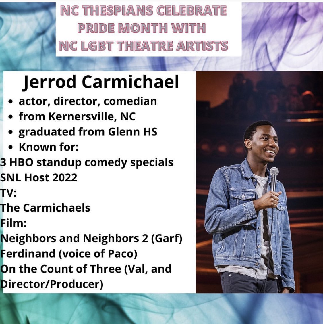 Comedian #jerrodcarmichael from #kernersville in the spotlight today for our #pridemonth celebration of open and out #lgbtqia actors, directors, techs, and others working in the industry from #NC! #ncpride #pride @jerrodcarmichaelfanpg #beinspired #liveoutloud #beyourself