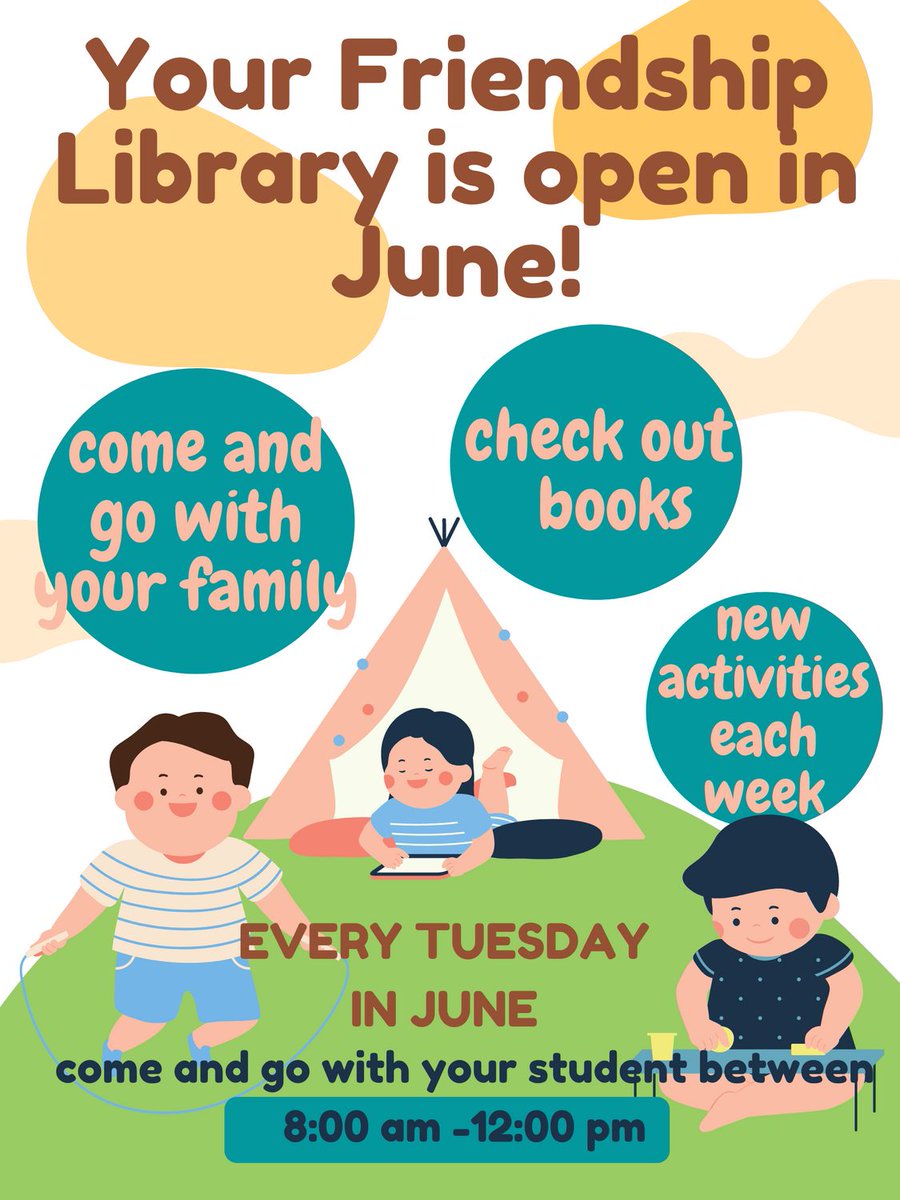 Tomorrow is the last Tuesday in June for you to come in and check out books for Summer reading, to engage in some fun activities, and to share books as a family. We are open for you to come and go between 8:00-12:00. We hope to see your family!