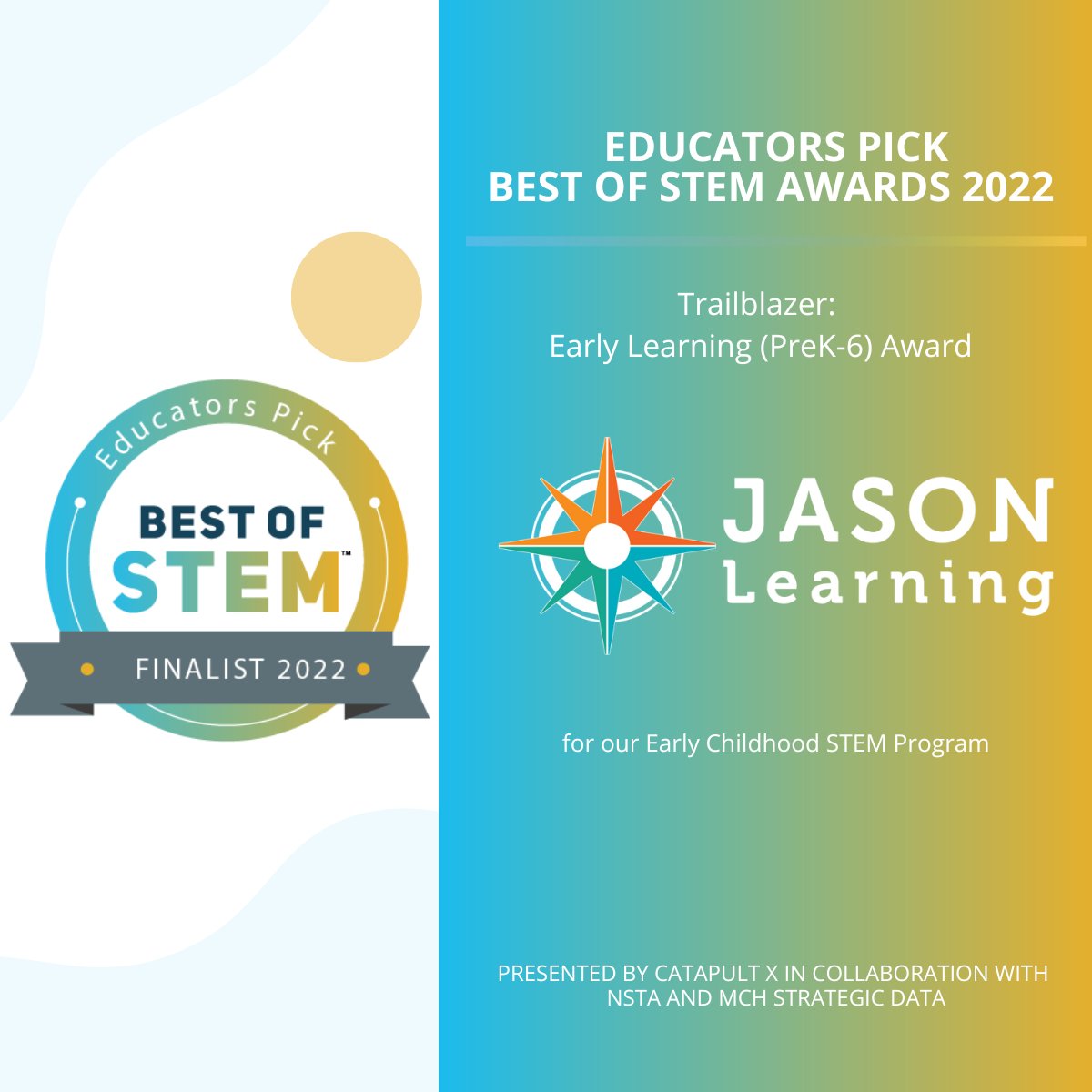 JASONLearning's tweet photo. We are beyond excited and proud to announce that JASON Learning is a finalist for 2 Best of STEM Awards in the following categories:

1) Social Impact Award: Developing Citizen Scientists
2) Trailblazer: Early Learning PreK-6

#BestofSTEM #BestofSTEM2022 https://t.co/oqQYRzIHpq