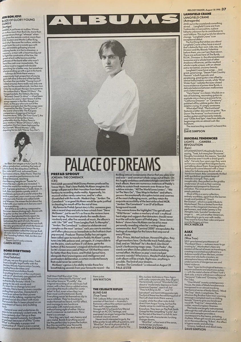 Albums! Prefab Sprout! Bomb Everything! Suicidal Tendencies! Ajax! And more! Melody Maker, 18 August 1990. #MelodyMaker   
#MyLifeInTheUKMusicPress #1990