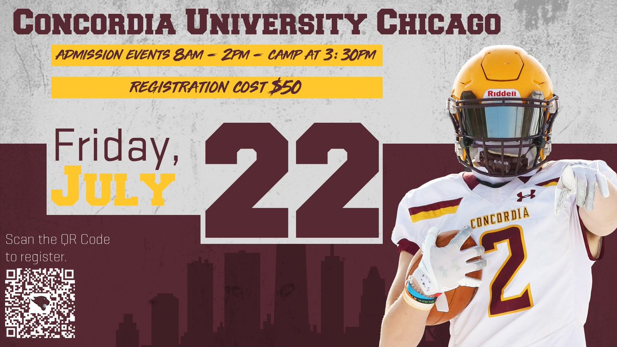 CUCFBFamily's tweet photo. COME CAMP WITH US!

2023 Junior Day w/ Admissions

2023 Prospect Camp to Follow

Meet and get coached by Coach Lambert and the entire Concordia Chicago Football Staff! #MoreThanFootball #CompeteRegardless https://t.co/88Y9Fc7qeF