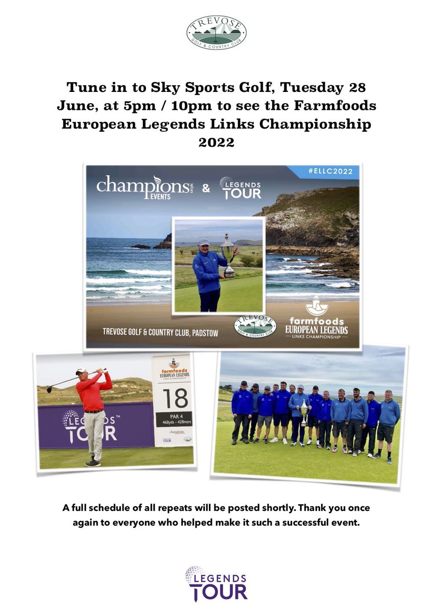 TrevoseGC's tweet photo. Tune in to Sky Sports Golf tomorrow, 28 June, at 5pm or 10pm for the highlights show of @euLegendsTour @LegendsLinks https://t.co/4xbw2kiIzm