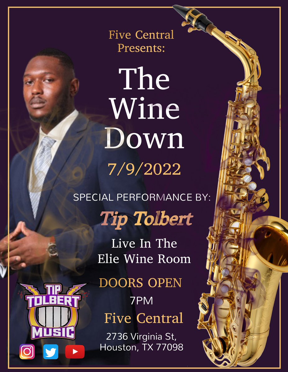 TipTolbertMusic's tweet photo. ๐จIโm back at it again๐จ
Please join me Saturday July 9th at 7PM for another night filled with fine dining, exquisite cocktails, & live music. Sit back, relax & catch a vibe with me at Five Central: Dinning, Entertainment, + Events! ๐ท FineDining #TipTolbertMusic #FiveCentral https://t.co/3RxyIqxdls
