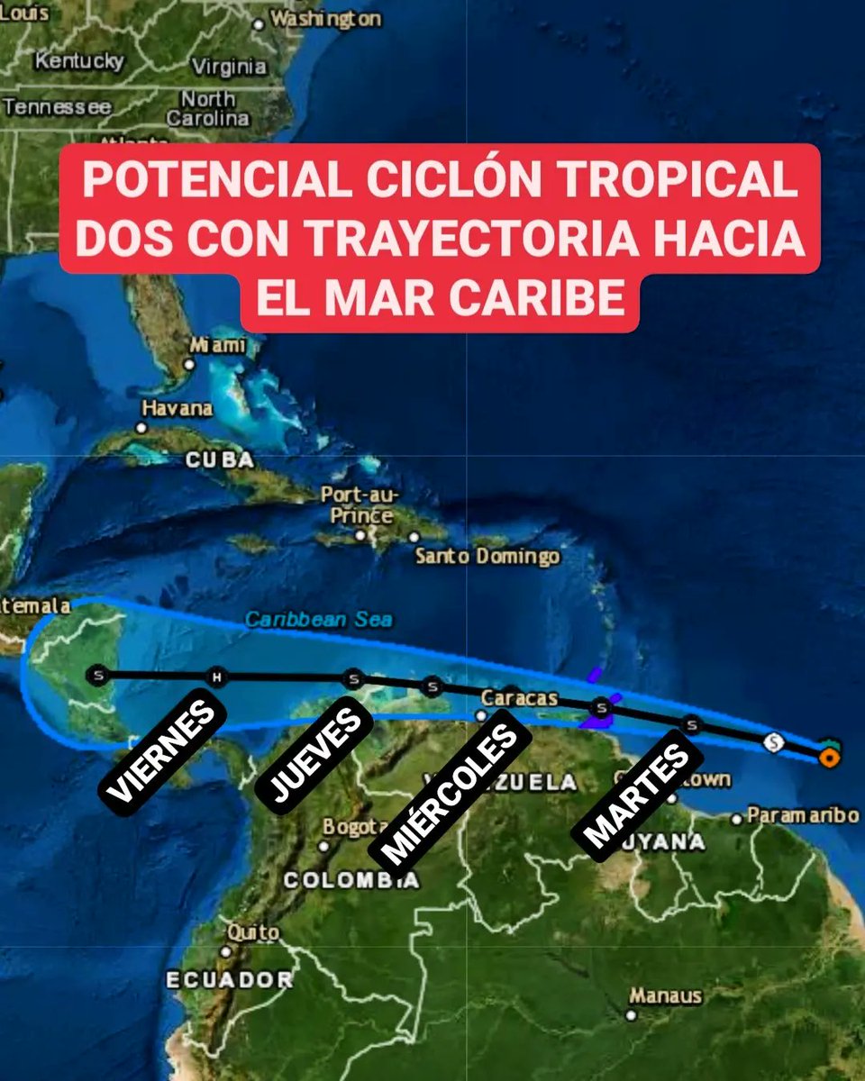 JeanSuriel's tweet photo. 🔴ACTUALIZACIÓN🔴
El Centro Nacional de Huracanes de Miami emitió las primeras alertas para las Antillas Menores por la trayectoria de la activa onda tropical número 11, ahora catalogada como Potencial Ciclón Tropical Dos con ruta hacia el Mar Caribe.

Sigue ⬇️ https://t.co/n4KrkLKUSN