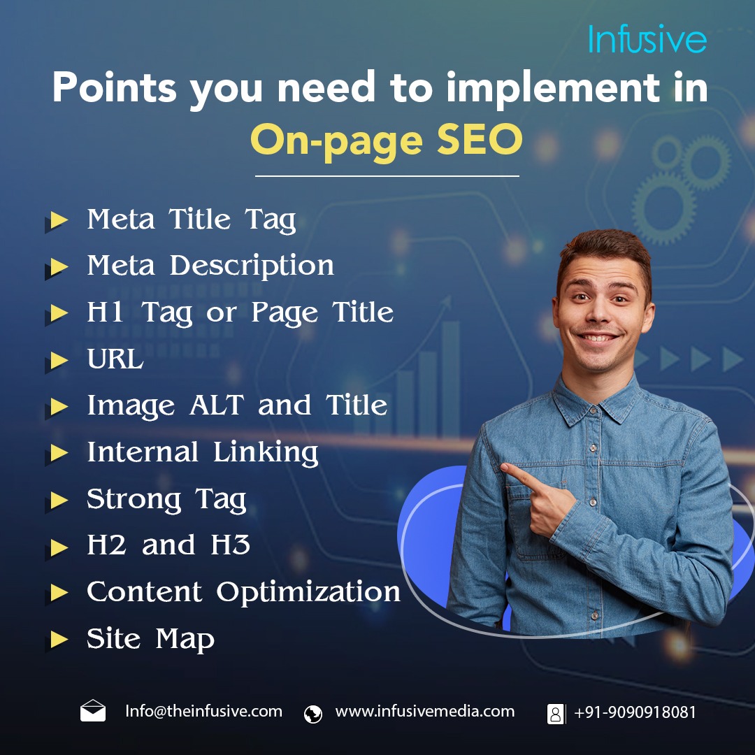 DigitalInfusive's tweet image. Points you need to implement in On-page SEO

- Meta Title Tag

- Meta Description

- H1 Tag or Page Title

- URL

- Image ALT and Title

- Internal Linking

- Strong Tag

- H2 and H3

- Content Optimization

- Site Map

#Seo #title #seoseries #content #searchengineoptimization