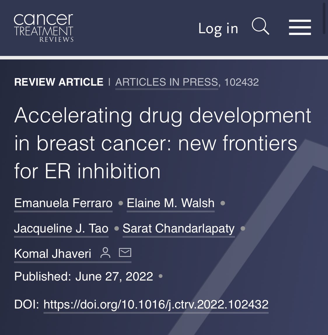 A lot going on in the ET field: elacestrant with positive data, five oral SERDS in phase 3 testing and many new drug classes/combos being developed. Wonderfully reviewed by @EmaFer_90 & the @MSKCC_BreastCA team. cancertreatmentreviews.com/article/S0305-…