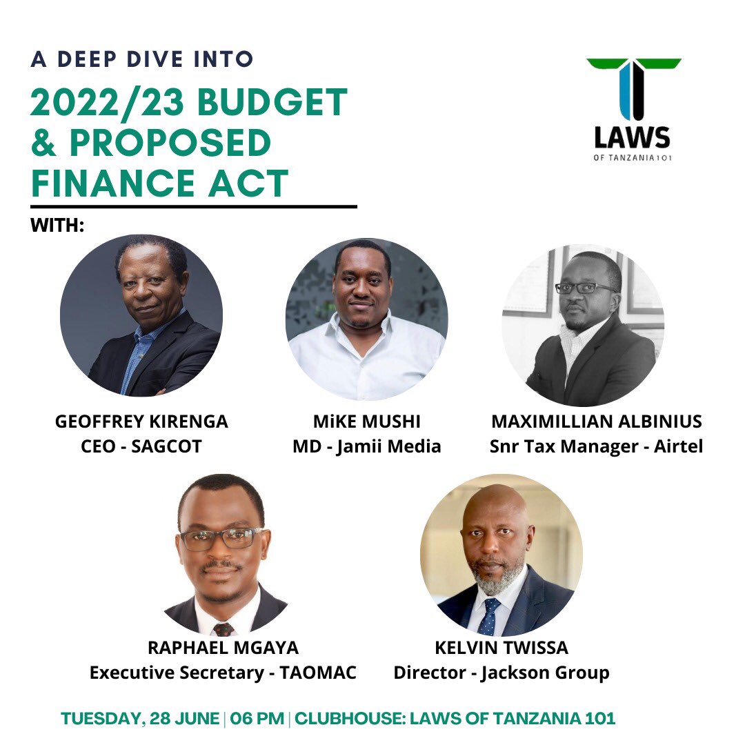 jadili_tz's tweet photo. Here’s the lineup for the session
June 28 | 6PM
Clubhouse: https://t.co/GY7iDv2iVJ…
@MikieMushi @kelvintwissa @GeofrreyK #SAGCOT #TAOMAC https://t.co/9JvNs72YTx