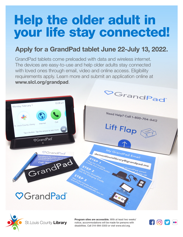 St. Louisan's do you know an #OlderAdult who needs a device? <a href="/SLCL/">St. Louis County Library</a> is disseminating Grandpads @GrandPad_social. Help someone you know apply before July 13 at slcl.org/grandpad #STL #DigitalEquity