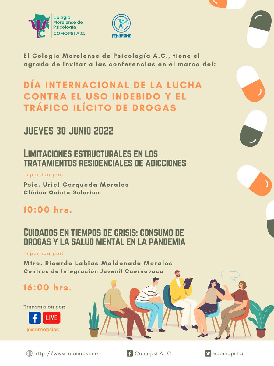 comopsiac's tweet photo. El COMOPSI A.C. en el marco del 26 de junio Día Internacional de la Lucha contra el Uso Indebido y el Tráfico Ilícito de Drogas, invita a las conferencias que se transmitirán el día jueves 30 de junio.

¡No se las pierdan!

#COMOPSI #SaludMental #adicciones https://t.co/Wfx4cEyMLO