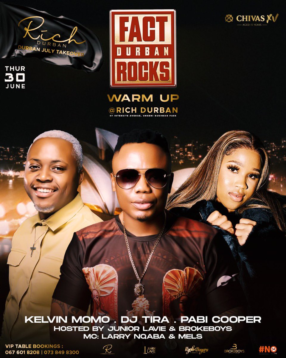 #RichThursdays - Varsity Social Presents <a href="/factdurbanrocks/">mondli</a> Warm Up Supported By <a href="/kelvinmomo_/">Kelvin Momo</a> , <a href="/djtira/">Makoya Bearings</a> &amp; <a href="/cooper_pabi/">Pabi Cooper🥷 zA</a> 

MC: @larrynqaba &amp; @melellyn_
Hosted By: @junior_lavie &amp; @brokeboys.entertainment 

Table Bookings: 0676018208/0738498300 ☎️