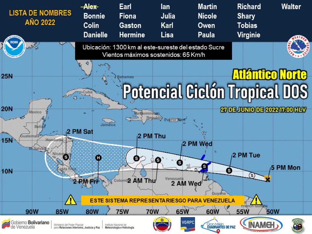 RCR750's tweet photo. #INAMEHInforma “Se emite AVISO sobre el Potencial Ciclón Tropical DOS ubicado a 1300 km al este-sureste del estado Sucre. El sistema representa riesgo hidrometeorológico para nuestro país. Pendientes antes las alertas y avisos que se estarán difundiendo”. https://t.co/ICGGB0dxXh
