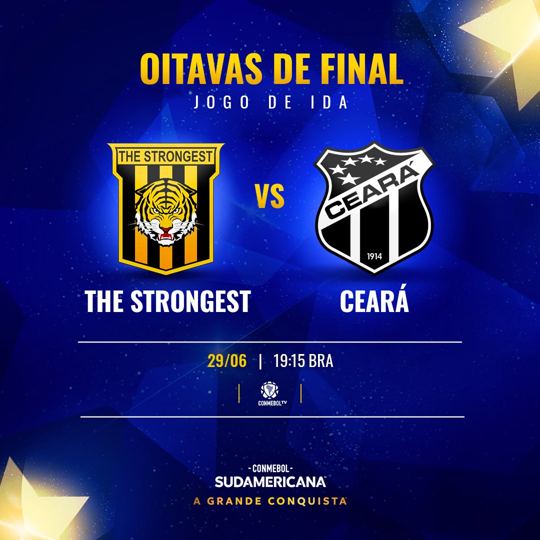 SudamericanaBR's tweet photo. ⚽🏆 O #TheStrongest estreia na CONMEBOL #Sudamericana diante do único invicto, o @CearaSC, no jogo de ida das oitavas de final!

💪🏼 Sem perder há 6️⃣ jogos, o Vozão ostenta a segunda maior série invicta da história do torneio. 

📺 CONMEBOL TV
#GrandeConquista https://t.co/BxBFjRI4XM
