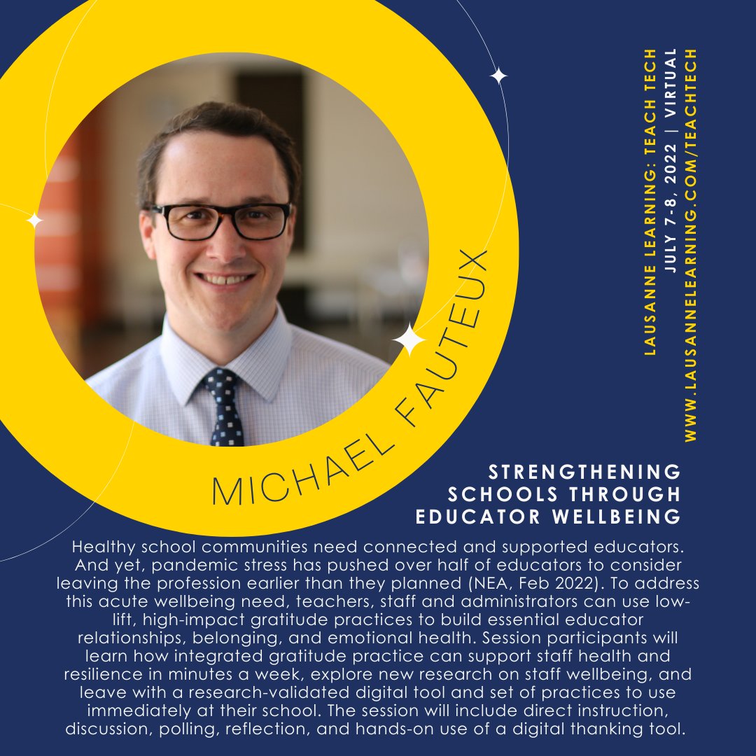 LausanneLearn's tweet photo. Educator wellbeing is the key to healthy schools and engaged teaching and learning. Join Mike Fauteux from @givethxapp at Teach Tech 2022 to learn more! See the full schedule and register at https://t.co/eEcqPrvMwp! #teachtech #teachtech2022 #edtech #edtechconference #givethx https://t.co/s6reYq0qlb