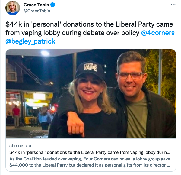 With the LNP now total political eunuchs, it warms my heart to think about the shovelfuls of cash that the nefarious vaping lobby burned & that Hollie Hughes & Canavan are their best hopes for the future @GraceTobin #4corners @4Corners