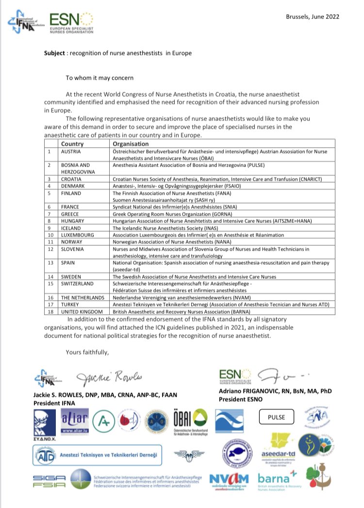 SNIA : Syndicat Nal des #IADE (@snia75) on Twitter photo 🧿Reconnaissance des infirmiers-anesthésistes en Europe.
Lors du récent Congrès mondial des infirmières anesthésistes en Croatie, la communauté des infirmières-anesthésistes a identifié et souligné la nécessité d'une reconnaissance de leur profession infirmière avancée en Europe 🧿Reconnaissance des infirmiers-anesthésistes en Europe.
Lors du récent Congrès mondial des infirmières anesthésistes en Croatie, la communauté des infirmières-anesthésistes a identifié et souligné la nécessité d'une reconnaissance de leur profession infirmière avancée en Europe