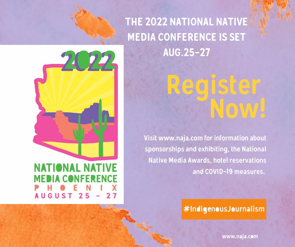 IndigenousJA's tweet photo. @najournalists 2022 National Native Media Conference is set Aug. 25-27 at the @HyattPhoenix with special events &amp; programs @Cronkite_ASU. Reserve your room today! #NationalNativeMediaConference #NAJA #JournalismConference https://t.co/ktb8znqZEJ https://t.co/nveU5UyPHl