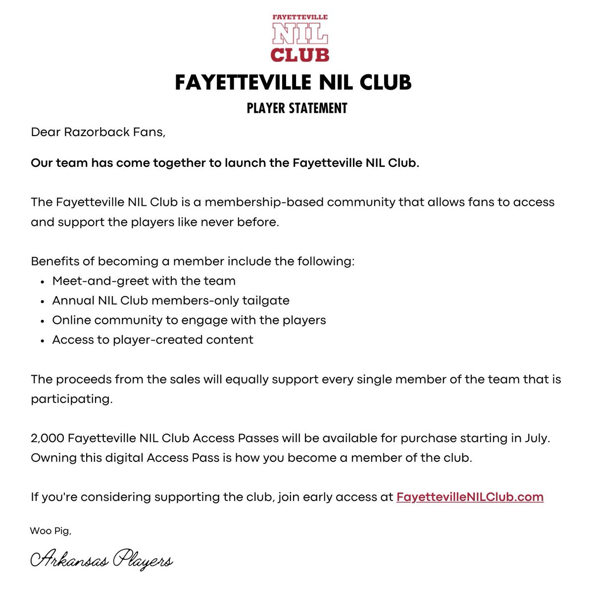 To all our fans, let’s do something special 🐗

<a href="/FayettevilleNIL/">Fayetteville NIL Club 🐗</a> #WPS