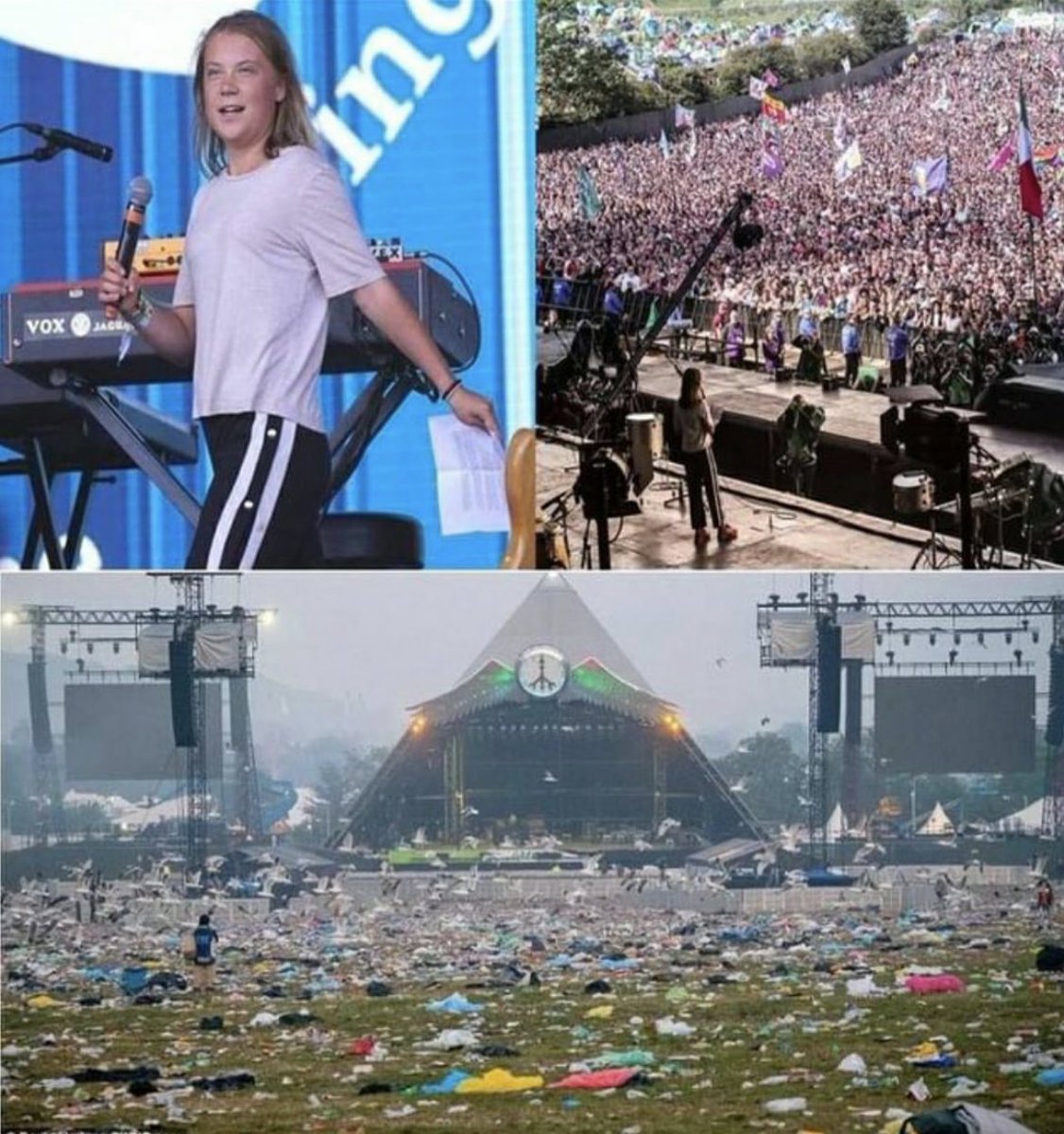 HCStrache1's tweet photo. Greta Thunberg predigt auf dem Glastonbury Festival über Verzicht &amp; Umweltschutz. Die grölende Konzert-Masse jubelt. Zwei Tage später sieht das Festivalgelände dann so aus (siehe Bilder). Die Verlogenheit der vermeintlichen Pseudo-Umwelt- &amp; Klimaschützer ist ekelerregend! https://t.co/k8iWnZoeA7
