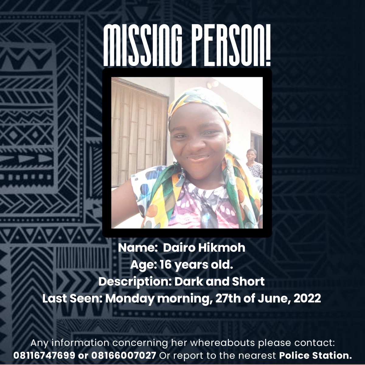 rare_blessing's tweet photo. 16 year old, Dairo Hikmoh has been missing since morning.
It was said that she was on her way to her father's office before she got missing.

Please anyone with useful information concerning her whereabouts should please contact: 081167447699 or 08166007027. Thank youuu. https://t.co/ICoPWJR6Su