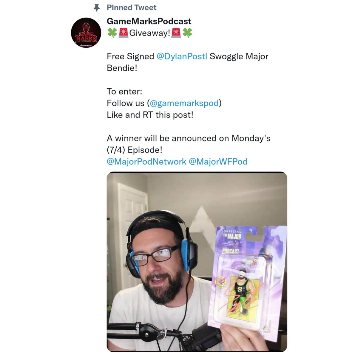 MajorPodNetwork's tweet photo. .@MajorPodNetwork's @GameMarksPod is doing a FREE GIVEAWAY for a SIGNED #MajorBendies Series 1 @DylanPostl!
LIKE and RETWEET their PINNED TWEET to enter!

Listen to/watch Episode 1–11 of #GoingPostl with @DylanPostl and @GameMarksPod's @GeorgeFeis at https://t.co/54v6ZB1qTz! https://t.co/PNtE9ZpusU