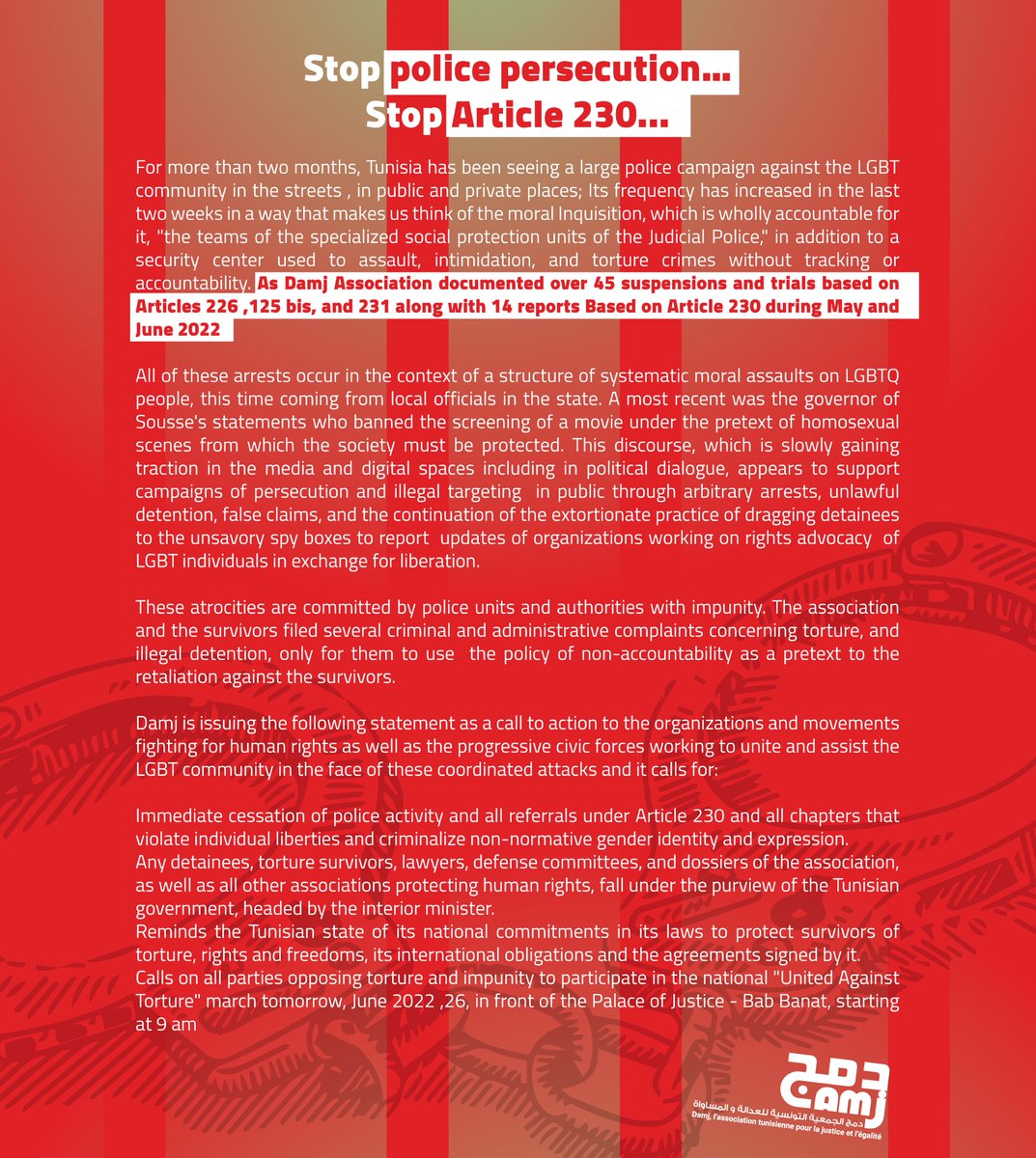 DAMJ in Tunisia raises the alarm about recent arrests and prosecutions for consensual same-sex conduct.