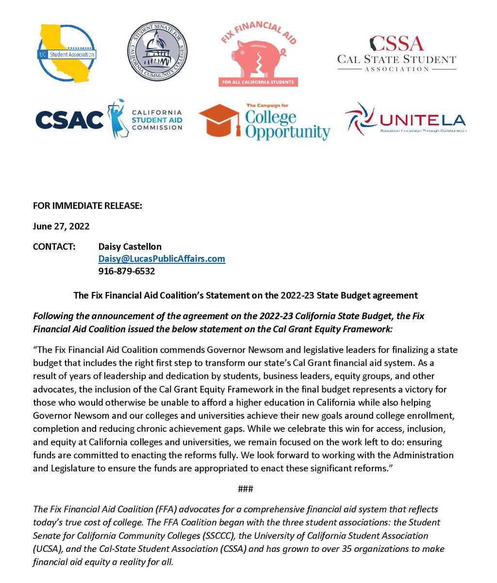 FixFinancialAid's tweet photo. "As a result of years of leadership and dedication by students, business leaders, equity groups, and other
advocates, the inclusion of the Cal Grant Equity Framework in the final budget represents a victory..."Thank you @CAgovernor @AsmJoseMedina @KevinMcCartyCA @SenatorLeyva https://t.co/VYdTYE2SKD