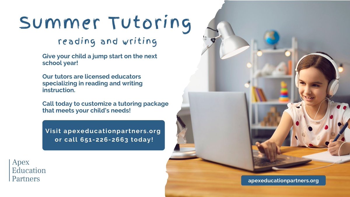 ApexEdPartners's tweet photo. Tutoring services are now available at https://t.co/YpyIWkm6r1! Learn about our reading and writing tutoring packages customized for children and adults. 
#WritingCommunity #Tutoring #summerschool2022 https://t.co/SqmUTtlrHd