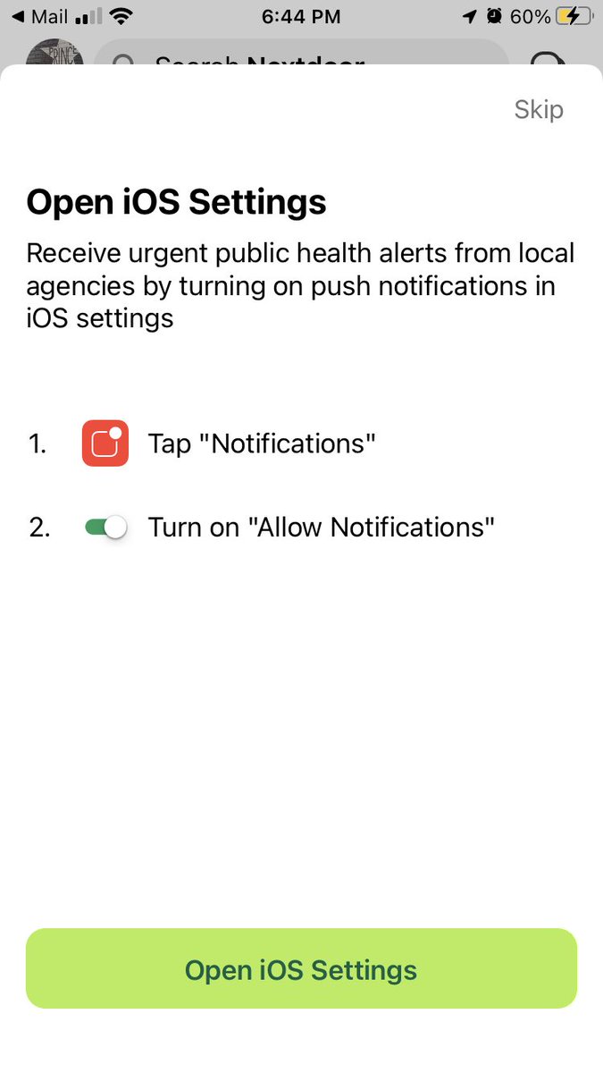 Hey <a href="/Nextdoor/">Nextdoor</a> no matter how many times I hit skip, every single time I open your app I see this message. Trust me I when I say that I never, ever want to get “urgent public health alerts” from local agencies. Ever.