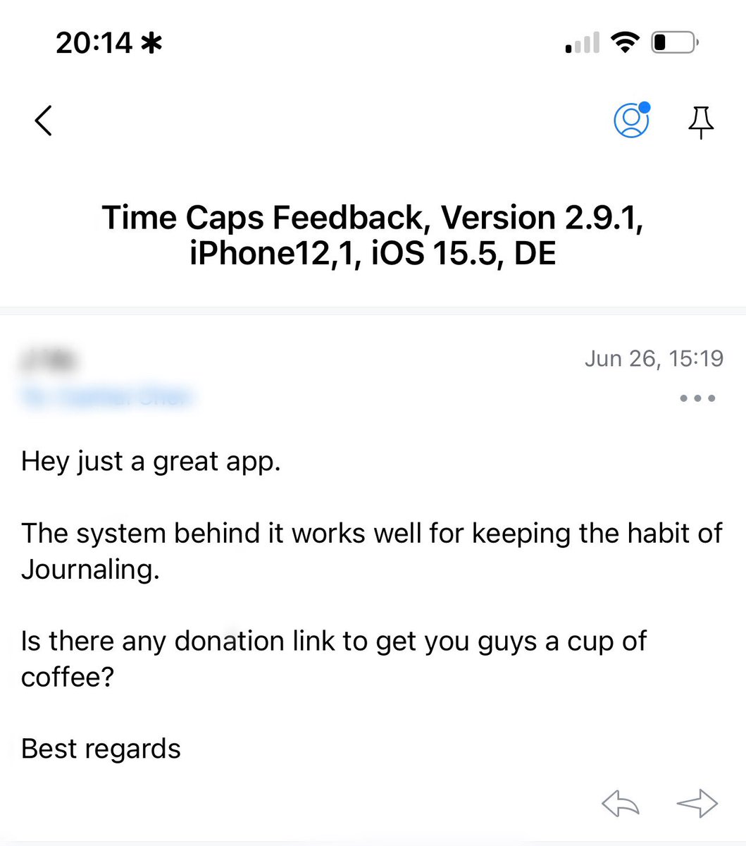 _polchen's tweet image. 一位来自德国的时间胶囊用户专门写信来说 app 太棒啦想请开发者喝咖啡🥰