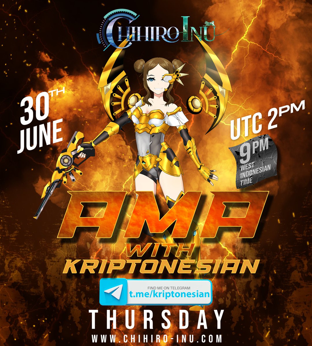 Who's excited for our next AMA with 
kriptonesian.id

Set the reminder!
📆 June, 30th 2022
🕥 UTC 2PM
🏡 Telegram space

Telegram : t.me/kriptonesian 

See you soon!
#ChihiroInu #ChiroArmy #Play2Earn #GameFi #DAOCommunity #chihiroinueth
