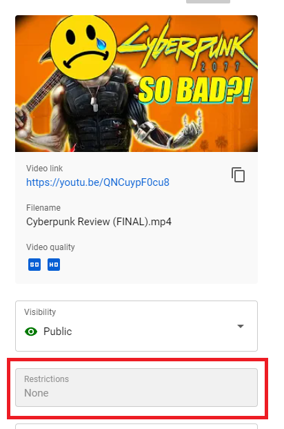 TheActMan_YT's tweet photo. My Cyberpunk Review has had it's age restriction appeal approved and can be viewed by everyone again.

Score one for The Republic. https://t.co/FcnsIW98H1
