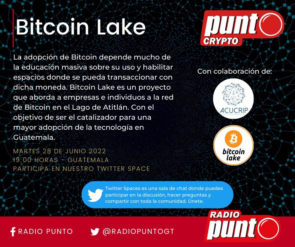 Felipe Sanchez (@jfsanliu11) on Twitter photo Acompáñenos mañana en Punto Crypto a conocer sobre <a href="/bitcoinlake/">Bitcoin Lake Guatemala 🇬🇹</a>! Aprendamos cómo fomentan la adopción de #Bitcoin creando valor a las comunidades del Lago de Atitlán.
x.com/i/spaces/1OdKr… Acompáñenos mañana en Punto Crypto a conocer sobre <a href="/bitcoinlake/">Bitcoin Lake Guatemala 🇬🇹</a>! Aprendamos cómo fomentan la adopción de #Bitcoin creando valor a las comunidades del Lago de Atitlán.
x.com/i/spaces/1OdKr…