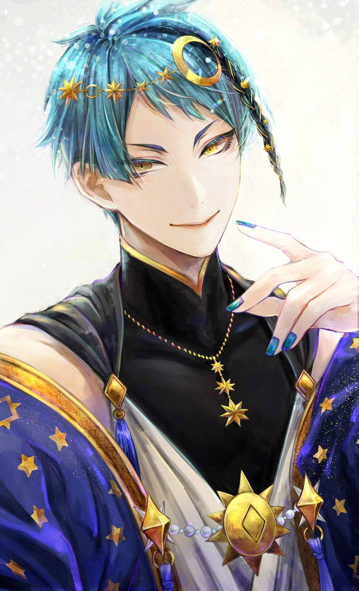 male focus 1boy yellow eyes blue hair solo blue nails smile  illustration images