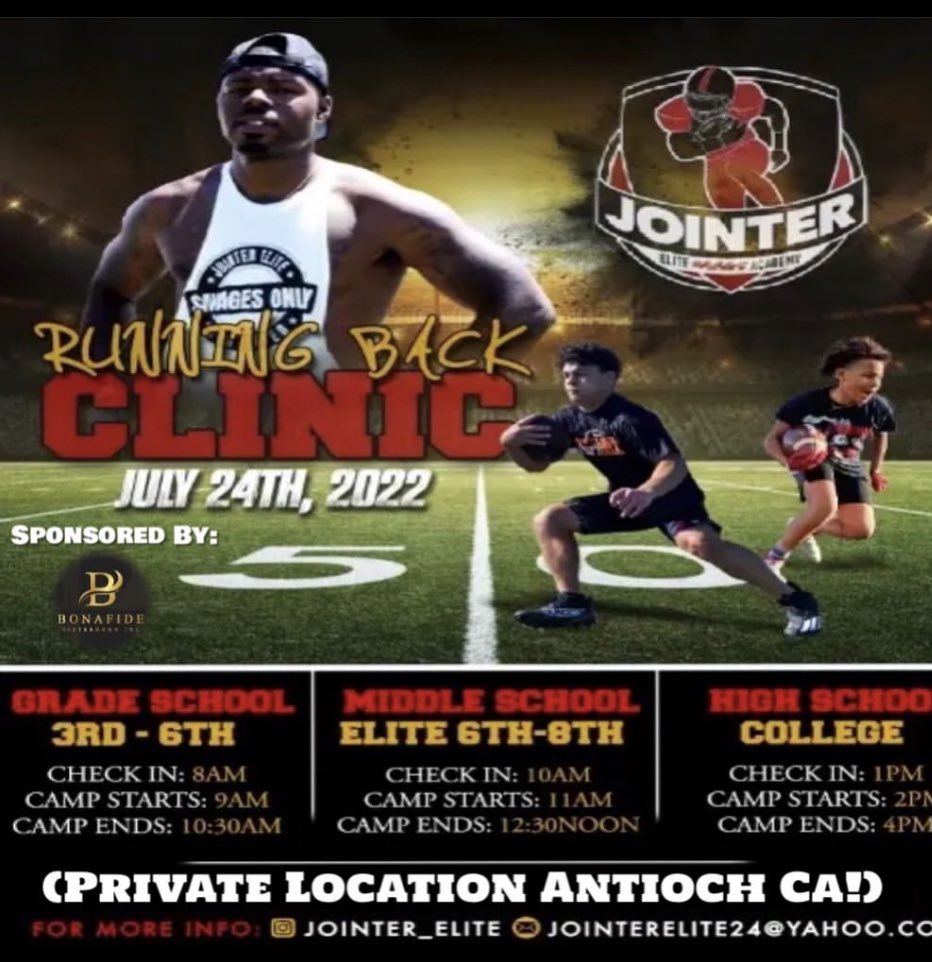 PangelinaJohn's tweet photo. Attention all Running backs pull up July 24th @Jointer_Elite RB clinic in Antioch California.
Get coached up by some of the best RB coaches in the Bay Area.
Private location for all attendees.
#running-backs
#rbclinic
#jointerelite
#action
#footballtraining
#nikefootball https://t.co/VQ3xvSIrSX